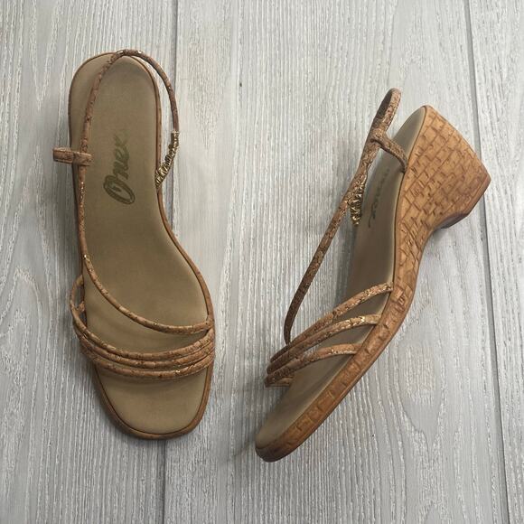 Onex Womens Christina Tan & Gold Metallic Cork & Microfiber Wedge Sandals Size 9 - Picture 1 of 10